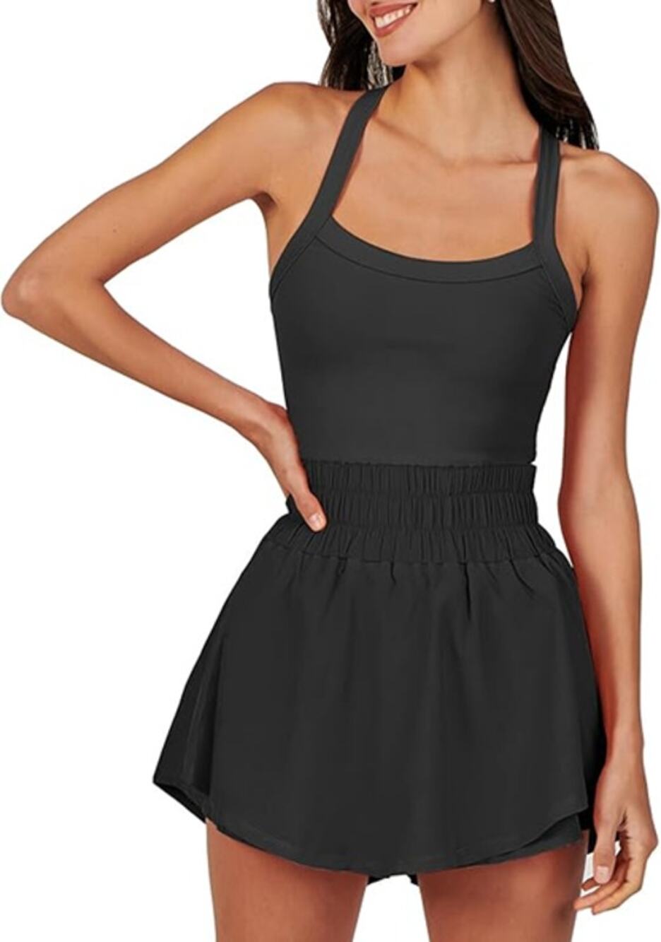 Anrabess Built-In Shorts Smocked Waist Sleeveless Tennis Mini Dress Black M NWT